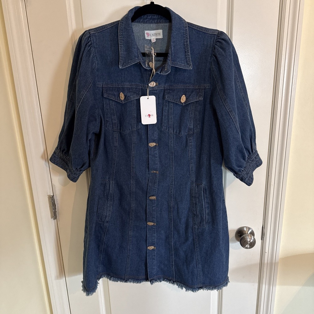 L'atiste By Amy Puff Sleeve Button Up Denim Dress Size 1X NWT